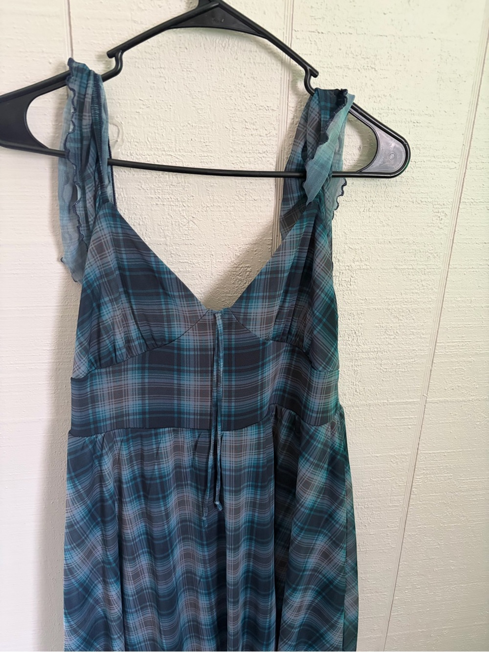 wild fable Teal and Navy Plaid Ruffled Strap Midi Dress